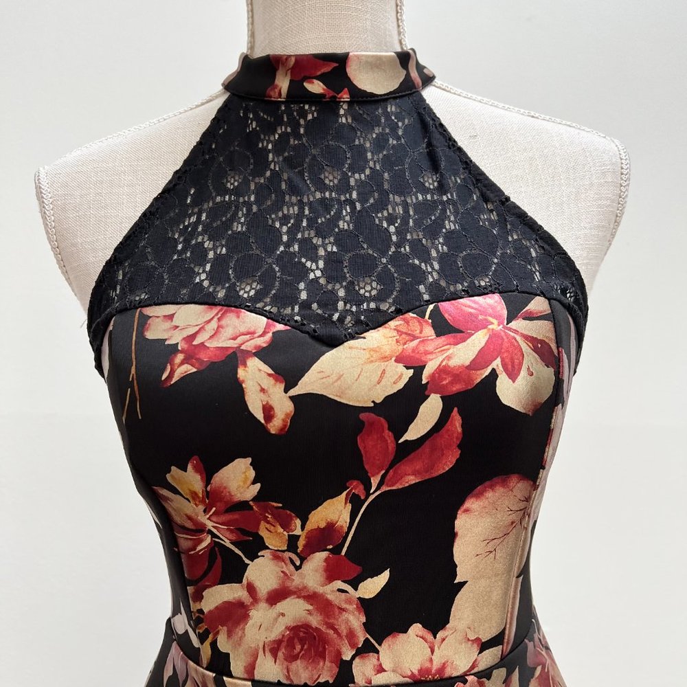 NWT Francesca's Lace and Satin Floral Fit and Flare Tea Length Halter Dress - Picture 2 of 16